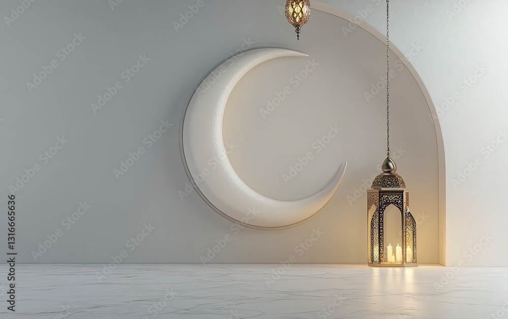 Poster 3d rendering of a ramadan islamic background with a crescent moon and lantern for decorative element