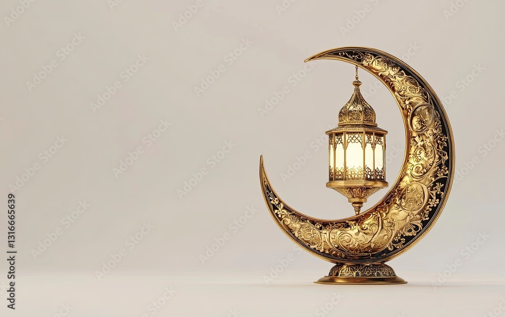Poster 3d rendering of a ramadan islamic background with a crescent moon and lantern for decorative element