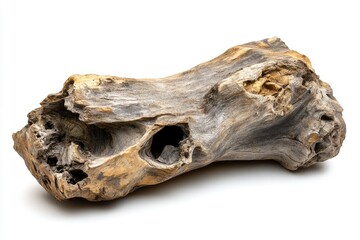 A weathered piece of driftwood with holes and crevices, showing texture and age.