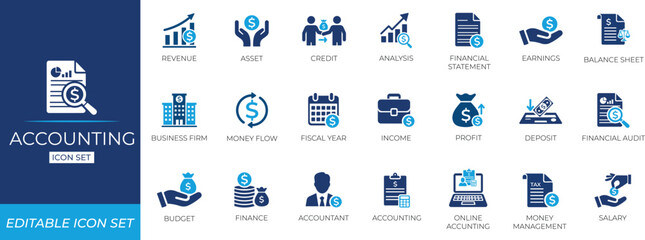 Accounting icon set featuring finance symbols, budgeting, asset, financial, loss, management, profit, revenue, statement, accountant, analysis, balance, and business money management visuals.