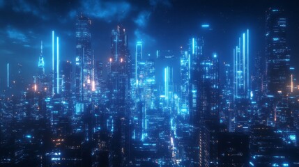 Fototapeta premium A sprawling metropolis glimmers under a starlit sky, where towering skyscrapers radiate luminescent blue hues. Advanced technology merges with stunning design, creating an enchanting nightscape