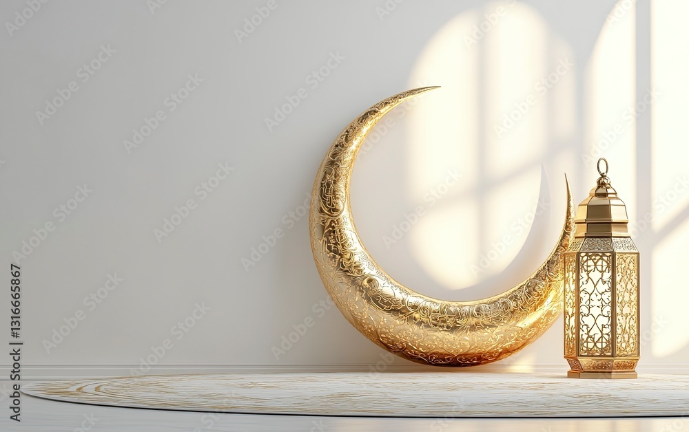 Poster 3d rendering of a ramadan islamic background with a crescent moon and lantern for decorative element