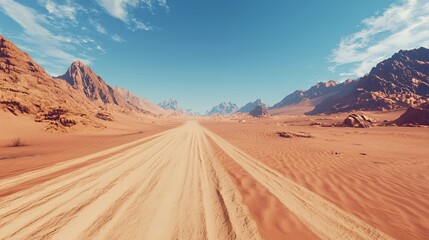 Vast Desert Landscape with Sandy Road and Distant Mountains Under Bright Sunny Sky