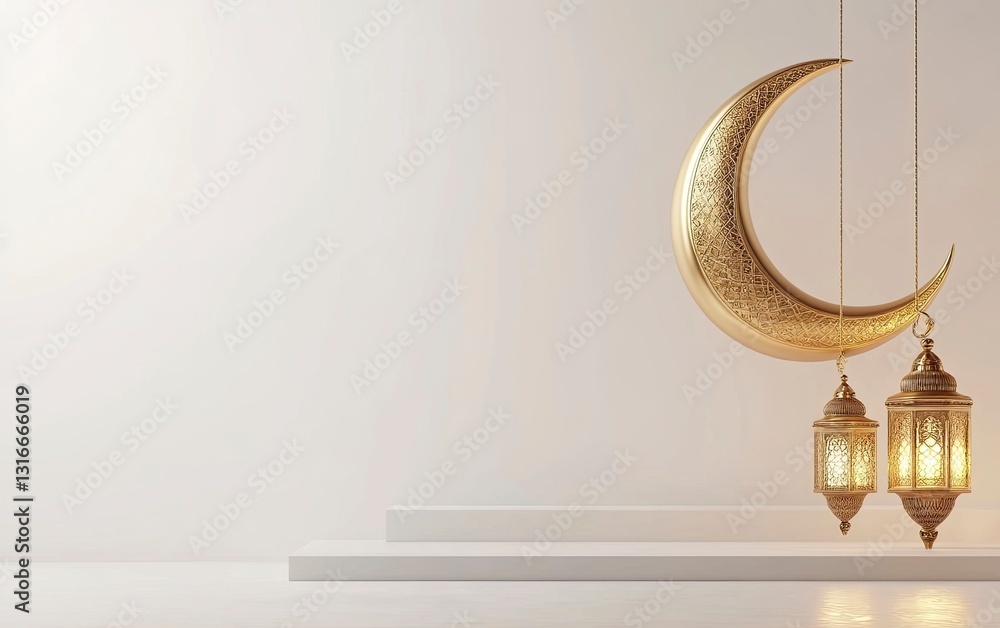 Poster 3d rendering of a ramadan islamic background with a crescent moon and lantern for decorative element