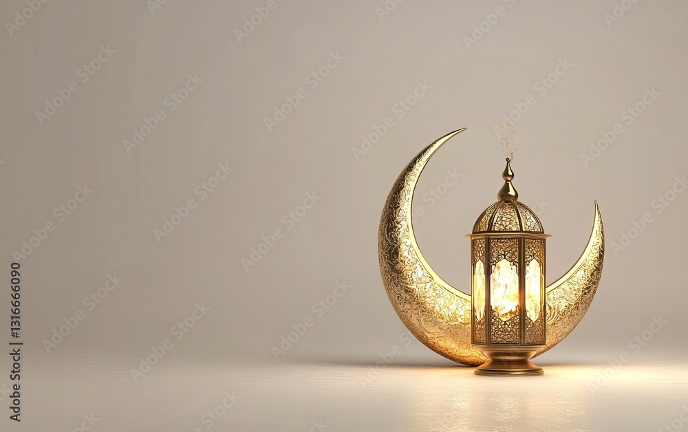 Poster 3d rendering of a ramadan islamic background with a crescent moon and lantern for decorative element