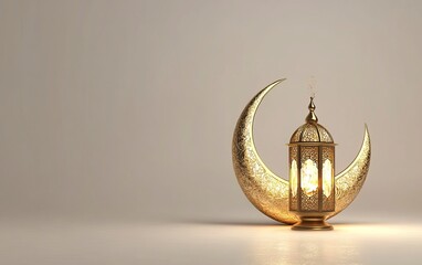 3D rendering of a Ramadan Islamic background with a crescent moon and lantern for decorative elements on a white background. Space for text or product display presentation mock-up, with a blank space.