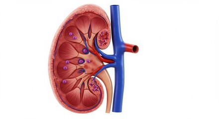 Detailed illustration of a human kidney with blood vessels.