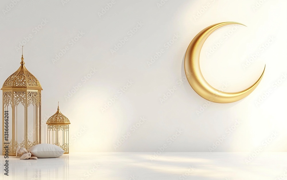 Poster 3d rendering of a ramadan islamic background with a crescent moon and lantern for product display, p