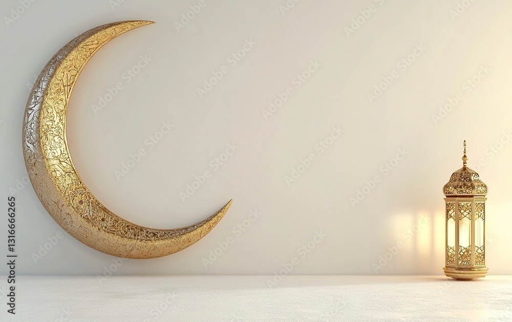 Poster 3d rendering of a ramadan islamic background with a crescent moon and lantern for product display, p