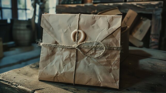 A package wrapped in brown paper with a twine string and a wax seal.