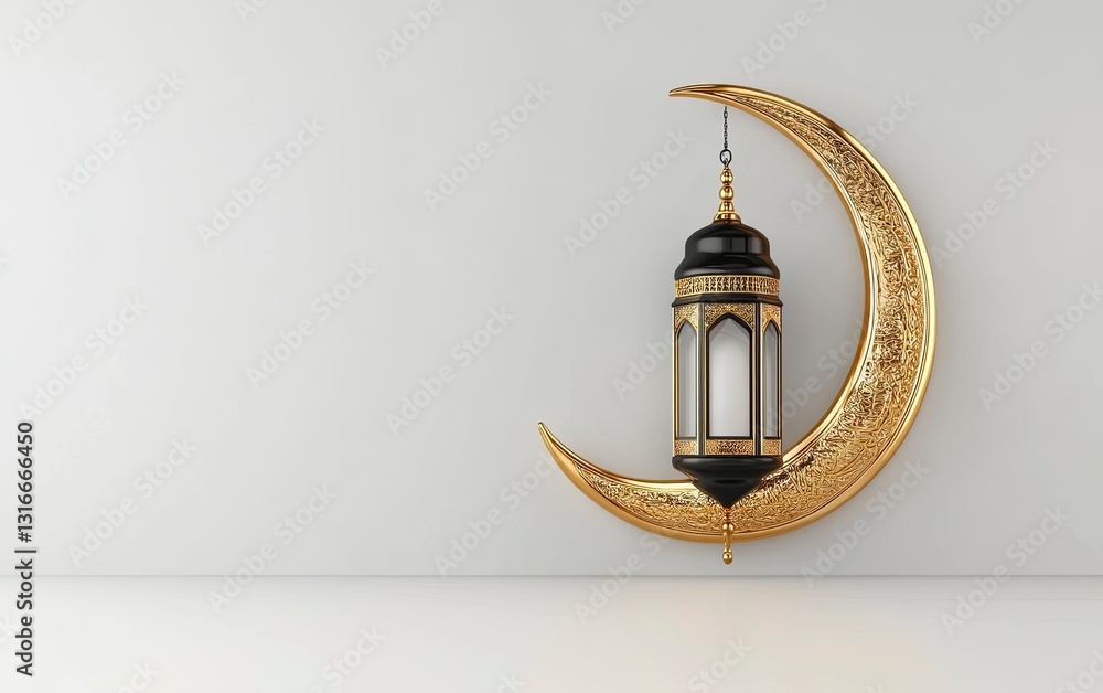 Poster 3d rendering of a ramadan islamic background with a crescent moon and lantern for product display, p