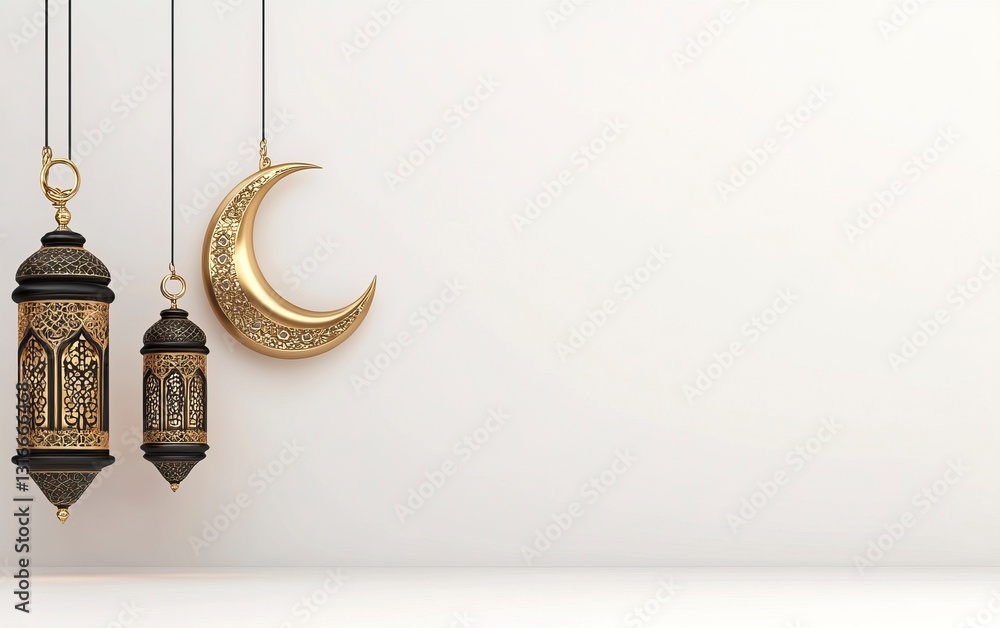 Poster 3d rendering of a ramadan islamic background with a crescent moon and lantern for product display, p