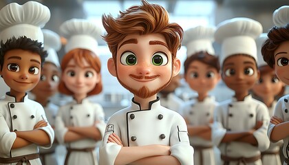 Chef leads kitchen team, 3D animation