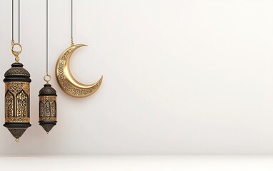 3D rendering of a Ramadan Islamic background with a crescent moon and lantern for product display, presentation mockup design. The scene is set in a white studio room with blank space for advertising 