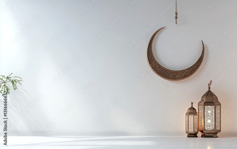 Poster 3d rendering of a ramadan islamic background with a crescent moon and lantern for product display, p