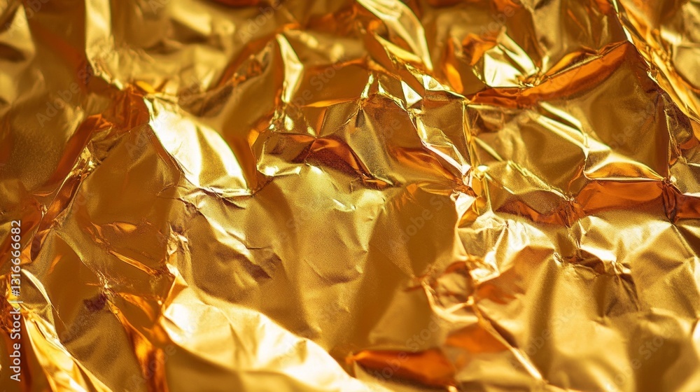 Poster Sunlight dances upon the intricately crinkled surface of gold foil, creating a mesmerizing array of reflections and shadows that sparks imagination and artistic expression