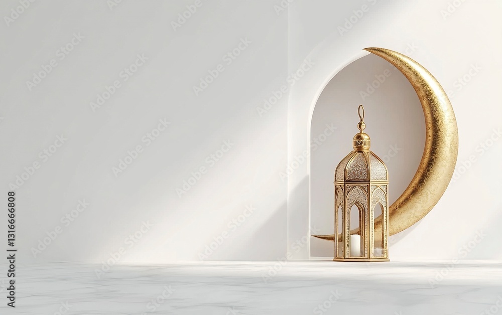 Poster 3d rendering of a ramadan islamic background with a crescent moon and lantern for product display, p