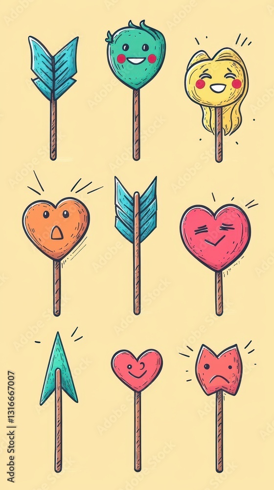 Poster nine uniquely designed arrows with varied expressions and faces on them