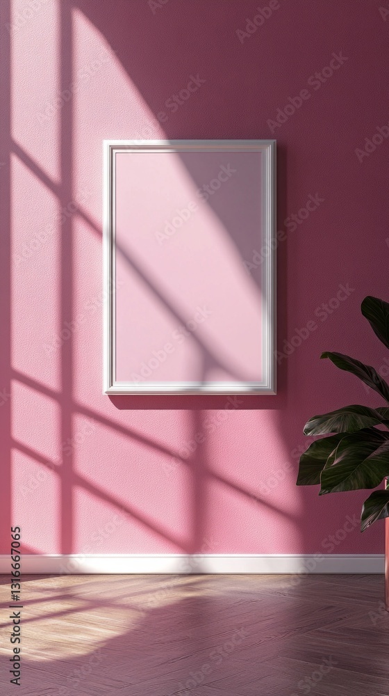 Poster warm sunlight filters through a window, casting intricate shadows on a pastel pink wall. an empty fr