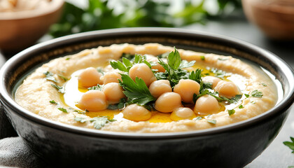 Delicious hummus with olive oil, chickpeas and parsley in bowl on grey table, closeup