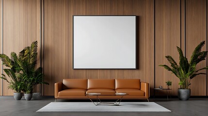 Modern Tan Leather Sofa in a Minimalist Wood-Paneled Room - 3D Render AI Generated