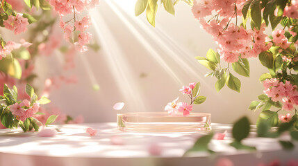Product display stand for design, product promotion or promotion campaigns with luxury in geometric shapes. The surrounding atmosphere is natural with leaves and flowers. The lighting is perfect.