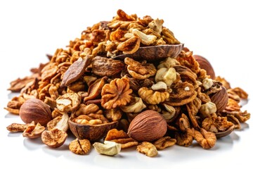 Obraz premium High-resolution macro shot: isolated brown walnut shell fragments, detailed texture, white background.