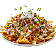 A Hearty Pulled Pork Nacho Platter with Melted Cheese Isolated on Transparent Background