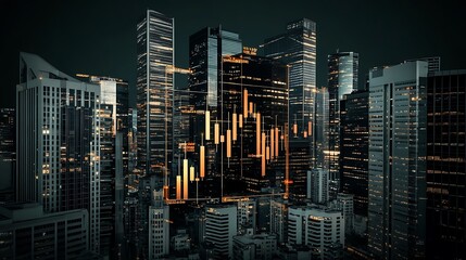 Nighttime Cityscape with Dynamic Stock Market Overlay: A Digital Illustration AI Generated