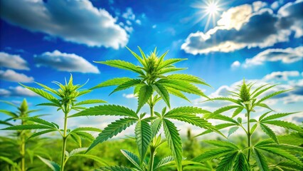High-resolution stock photos: vibrant young hemp sprouts against a bright blue, cloudy sky.