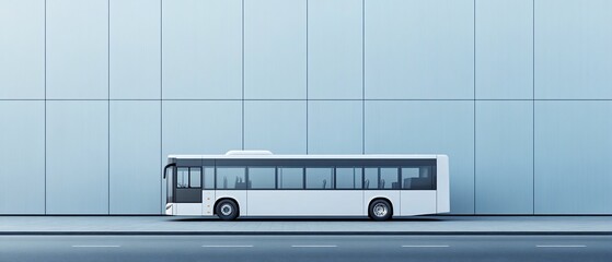 Obraz premium White bus parked on a road against modern building wall, transportation, side view