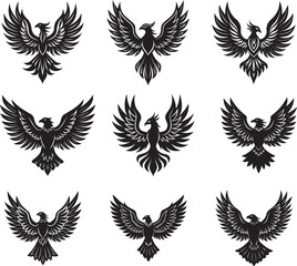 phoenik and eagle  black and white vector silhouette illustration logo art bundle set