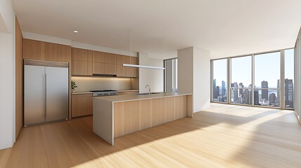 Fototapeta premium Modern Kitchen Design: 3D Render of City View Apartment AI Generated