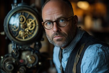 Male watchmaker examining intricate clock gears with glasses