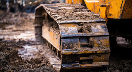 Fototapeta premium The heavy equipment's track leaves imprints in the wet soil, showcasing the work undertaken at the busy construction site recently