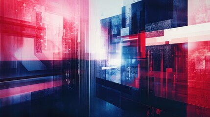 Abstract Digital Cityscape Red and Blue Geometric Shapes Futuristic Technology Background