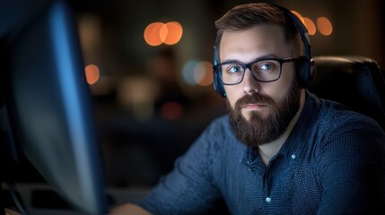 Focused programmer working late at night in modern office environment
