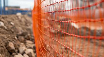 Bright orange mesh fence with red edges outlines a construction area, ensuring safety and restricting access to the ongoing work site