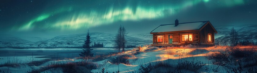 Fototapeta premium A cozy cabin amidst a snowy landscape, illuminated by the mesmerizing glow of the northern lights in a serene winter night.