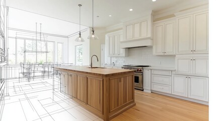 a kitchen interior with a drawing overlay.