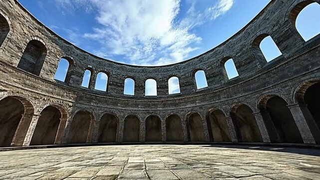 Empty Roman-style circular courtyard under a cloudy sky. Possible use Stock photo for architecture, historical sites, travel