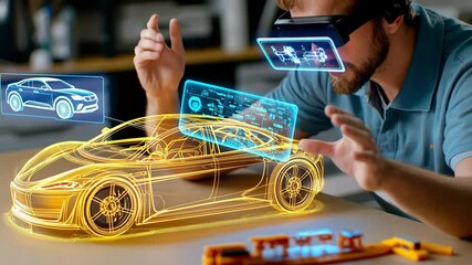 Automotive engineer designing an electric hypercar with interactive holograms - Powered by Adobe