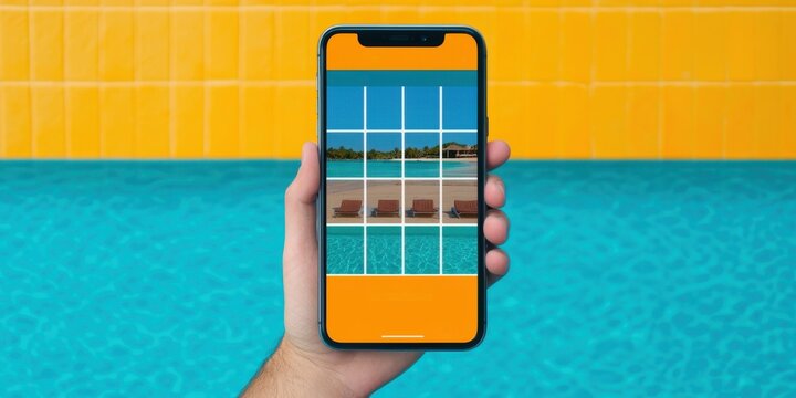 Hyper personalization AI concept. Smartphone Displaying Photo Grid of Poolside Relaxation Scene