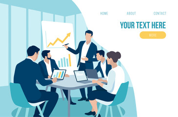 Teamwork. Leader. A team of five business persons discussing. Business vector web illustration template.
