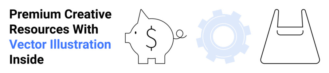 Piggy bank with dollar sign, gear symbol, and tote bag highlight financial planning, creativity, and productivity. Ideal for finance, savings, business, creative resources e-commerce tools flat