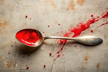 Minimalist panoramic art: red paint splatters a spoon, stark against a clean backdrop.