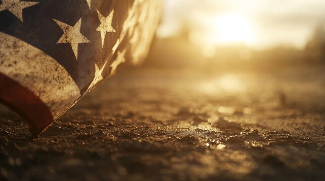 An American flag on the ground with sunlight.