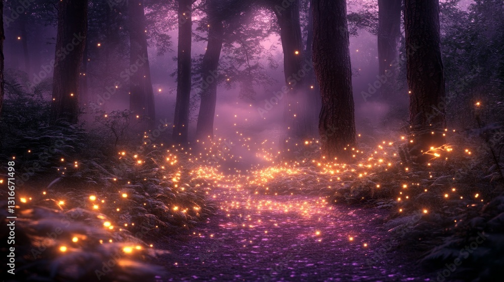 Poster A magical forest pathway glows with countless fireflies as soft mist envelops towering trees at dusk. The vibrant lights create a dreamy atmosphere that invites exploration