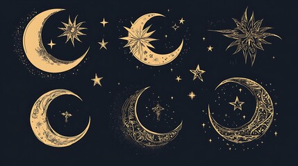 Crescent moon collection with stars and intricate decorative patterns, perfect for mystical themes