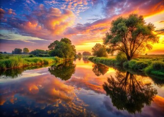 Obraz premium Misty trees mirror in tranquil river, serene sunset paints the sky.